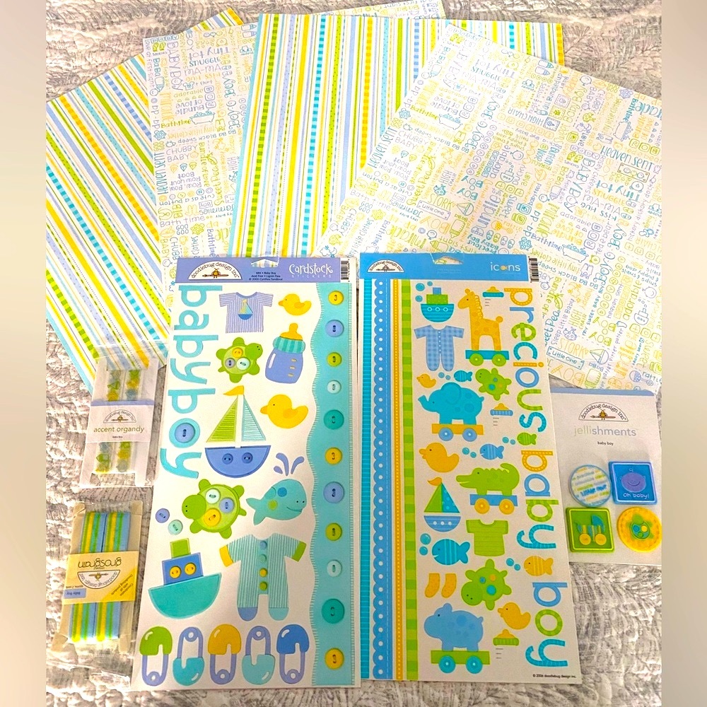🍼 DOODLEGUG DESIGN “BABY BOY” STICKERS & SCRAPBOOK PAPER BUNDLE! 9 PIECE BUNDLE